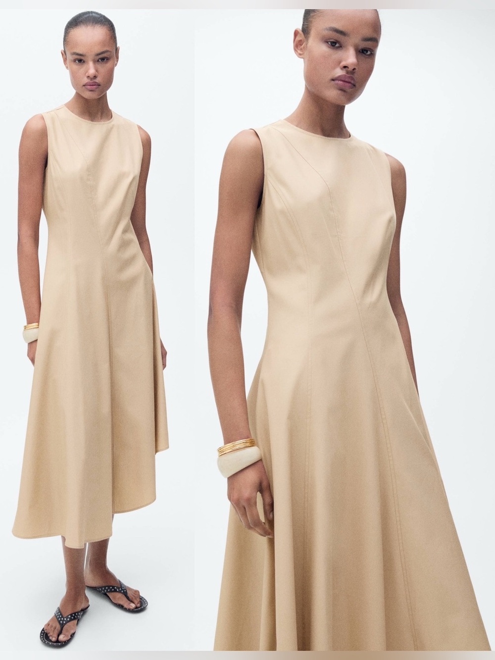 Mango Asymmetrical Flared Dress Ecru Cotton Lyocell Midi Size 4 NWT - Picture 2 of 16